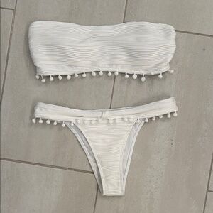 White Strapless Bikini with Pom Pom Trim